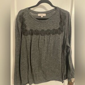 LOFT Dark Gray Long Sleeve Top with Black Lace Yoke